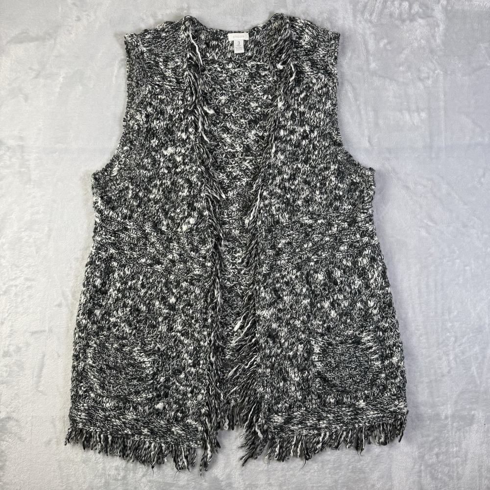 Chicos Sleeveless Fringe‎ Cardigan Size 3 XL Grey Wool Blend Knit Open Front